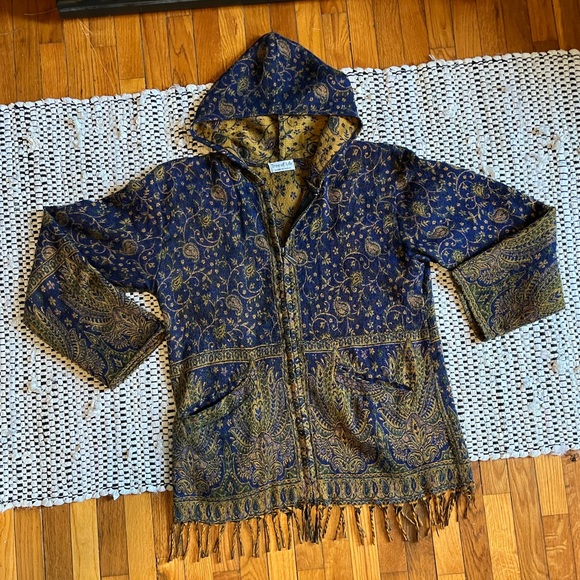 Tree of Life Jackets & Blazers - Tree of Life Blue Gold Pashmina Fringe Zip-Up Hoodie Jacket